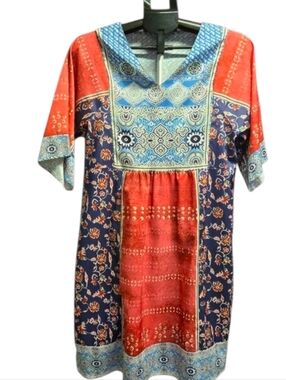 Boho Patchwork Dress Size Medium Blue Rust Floral Short Sleeve Tunic Dress